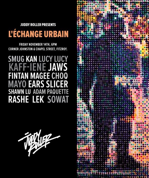 >L’échange Urbain – International Urban Contemporary Art Exhibition – Juddy Roller group exhibition flyer » width= »300″ height= »358″ class= »aligncenter size-full wp-image-1596″ /></p>
<p><b>L’échange Urbain – International Urban Contemporary Art Exhibition</b></p>
<p>Fast becoming Melbourne’s premier venue for international urban contemporary art, <a href=